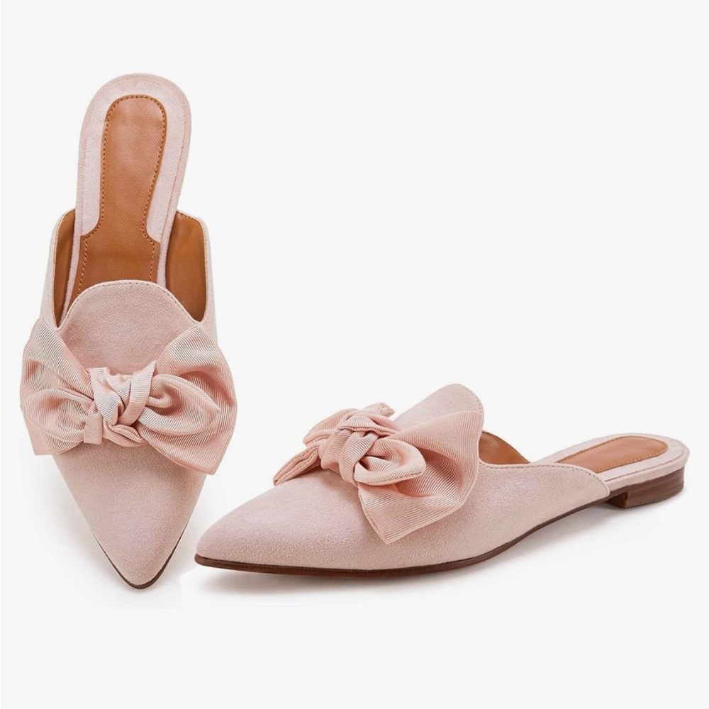 Women Slip On Comfortable Pointed Toe Loafers  Flats  Mules  Clogs  pink bow - Picture 8 of 9